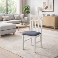 Scaun de living si bucatarie din lemn masiv Rebecca, tapiterie stofa,100 kg, 94x49x43.5 cm, alb gri - Img 2