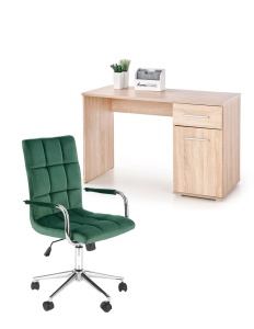 Set birou HM Lima B1, cu usa si sertar, PAL melaminat, 120x55x75 cm, stejar sonoma si scaun HM Gonzo 4, stofa tip catifea, mecanism de balans, cadru cromat, 90 kg, verde