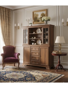 Set comoda living si dormitor, VM3, 4 sertare, 2 usi si vitrina suprapozabila VMN4, 2 usi, 2 polite, Pal melaminat, cu insertii MDF, Nuc