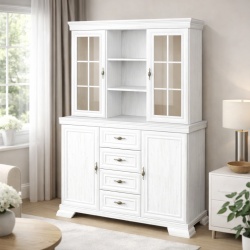 Set comoda living si dormitor, VM3, 4 sertare, 2 usi si vitrina suprapozabila VMN4, 2 usi, 2 polite, Pal melaminat, cu insertii MDF, Alb Antichizat - Img 4