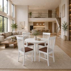 Set masa bucatarie Sophia, MDF, rotunda, 90x74 cm si 4 scaune Glendale, stofa,100 kg, 93x49x41.5 cm, alb maro