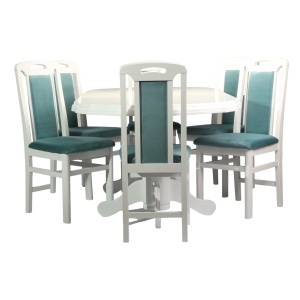 Set masa living extensibila SB Nork, MDF Furniruit, structura lemn masiv, 8 persoane, 198-160x90x74 cm si 6 scaune, tapiterie stofa, lacuit, 120 kg, alb turcoaz - Img 2