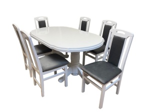 Set masa living extensibila SB Nork, MDF Furniruit, structura lemn masiv, 8 persoane, 198-160x90x74 cm si 6 scaune, tapiterie stofa, lacuit, 120 kg, alb gri - Img 3