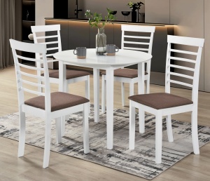 Set masa living si bucatarie Sophia, MDF, rotunda, 90x74 cm si 4 scaune Montreal, lemn masiv, tapiterie stofa, 100 kg, alb - Img 2