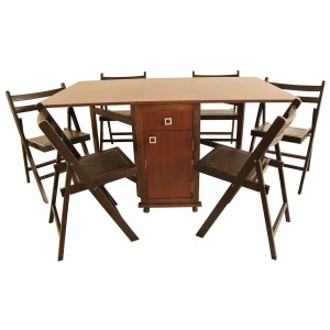 Set masa plianta cu spatiu depozitare, usa si sertar, Pal Melaminat, 160x96x80 cm si 6 scaune pliante lemn, tapitate cu piele ecologica, wenge - Img 2