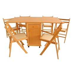 Set masa plianta cu spatiu depozitare, usa si sertar, Pal Melaminat, 160x96x80 cm si 6 scaune pliante lemn, tapitate cu piele ecologica, fag - Img 2