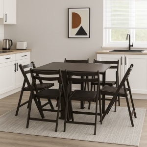 Set masa plianta Practic, bucatarie si living, Pal Melaminat, insertii lemn masiv, colturi rotunjite, 120x74x75 cm si 6 scaune pliante, tapitate, piele ecologica, wenge