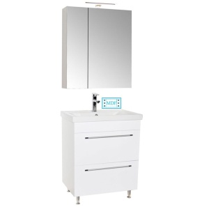 Set mobilier baie cu lavoar ceramic, GN0541, front MDF, 2 sertare, 60 cm, picioare cromate reglabile si dulap cu oglinda Celine, PAL, iluminare LED, alb