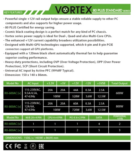 Napajanje 800W RAIDMAX Vortex RX-800AC-V, 80Plus White - Img 2