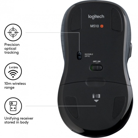 Miš LOGITECH M510 Control Plus, wireless, 1000dpi, Unifying USB Receiver, crni (910-001826) - Img 4
