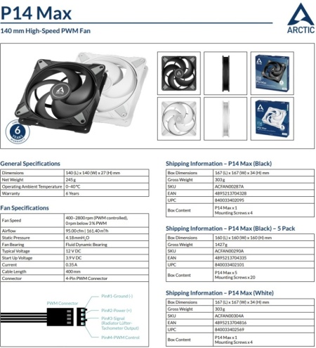 Ventilator za kućište Arctic P14 Max (White), 14cm, 4 pin, up to 2800 rpm, ACFAN00304A - Img 3