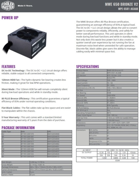 Napajanje 650W COOLER MASTER MWE Bronze V2, MPE-6501-ACABW (bulk) - Img 3