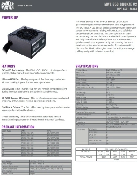 Napajanje 650W COOLER MASTER MWE Bronze V2, MPE-6501-ACABW (bulk) - Img 3
