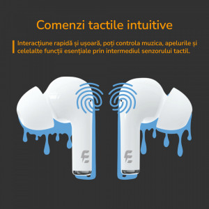 Casti TWS E-Boda Crystal Clear Sound, Tehnologie ENC, True Wireless, Bluetooth 5.3, Rezintenta la Stropire IPX5, Alb