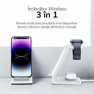 Incarcator Wireless 3 In 1 E-Boda Mobile Station, Alb - Img 7