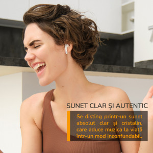 Casti TWS E-Boda Crystal Clear Sound, Tehnologie ENC, True Wireless, Bluetooth 5.3, Rezintenta la Stropire IPX5, Alb