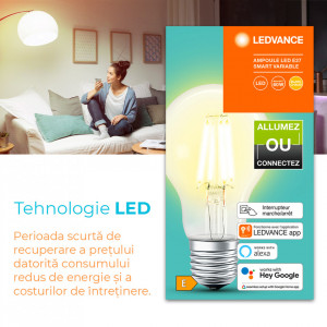 Set 3 Becuri LED Ledvance dimabil SMART+ A60, Control prin telefon, Bluetooth, E27/6W/230V 2700K, Alb Cald