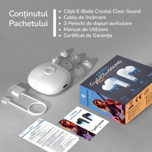 Casti TWS E-Boda Crystal Clear Sound, Tehnologie ENC, True Wireless, Bluetooth 5.3, Rezintenta la Stropire IPX5, Alb
