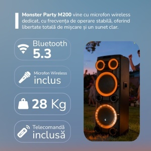 Boxa Karaoke Monster Party M200, Putere 400W, Microfon Wireless Inclus - Img 3
