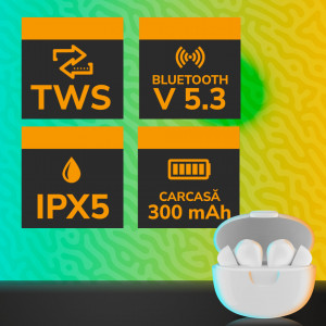 Casti TWS E-Boda Crystal Clear Sound, Tehnologie ENC, True Wireless, Bluetooth 5.3, Rezintenta la Stropire IPX5, Alb