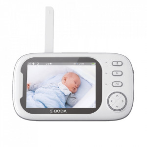 Baby Monitor si Camera Audio-Video Wireless Pentru Supraveghere Bebe E-Boda Sleep Guard, Mod Nocturn, Microfon Camera, Microfon Tableta, Monitorizare Temperatura, Cantece de Leagan, Ecran HD 3.5", Alb
