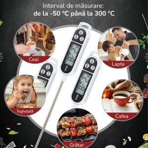 Termometru Digital de Bucatarie TE10 – Lungime Sonda 24.5 cm, Rezistent la Apă, Pentru Carne, Grătar, Lapte, Lichide, Alb - Img 3