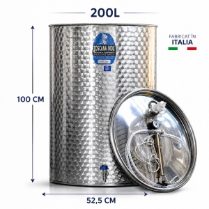 Butoi / Cisternă inox vin 200 L Toscana Inox, fabricată în Italia – capac flotant, garnitură silicon alimentar, pompă și robinet inox