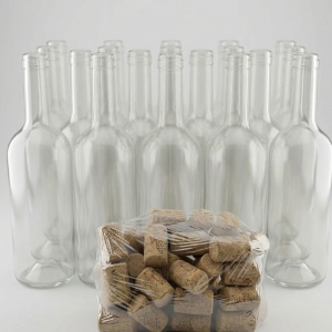 Pachet 30 sticle transparente vin 750 ml + 30 dopuri de pluta – set complet imbuteliere