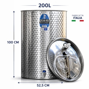 Butoi / Cisternă inox vin 200 L Toscana Inox, fabricată în Italia – capac flotant, garnitură silicon alimentar, pompă și robinet inox
