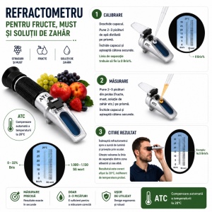Refractometru pentru determinarea continutului de zahar si urmarirea fermentatiei, 0 - 32 % Brix/0,2 + ATC, cu manual de instructiune si tabel de conversie grade bix la potential alcoolic - Img 2