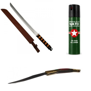 Sabie samurai,spray nato si briceag spaniol 18 cm
