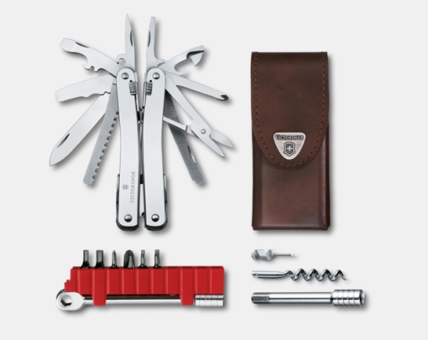 Multifunctional Victorinox Swiss Tool Spirit X Plus cu clichet, teaca piele, 105 mm, argintiu 3.0236.L