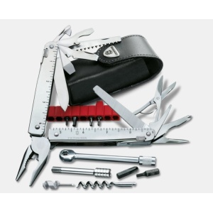 Multifunctional Victorinox Swiss Tool X cu clinchet, 115 mm, teaca piele, argintiu 3.0339.LB1 Blister