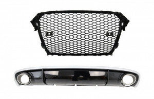 Difuzor Bara Spate cu Ornamente Evacuare compatibil cu Audi A4 B8 Facelift 2012-2015 si Grila Centrala RS4 Design Negru Lucios
