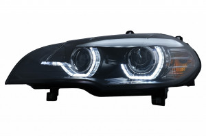 Set faruri Xenon Angel Eyes 3D LED DRL compatibil cu BMW X5 E70 2007-2010 Negru AFS - Img 2
