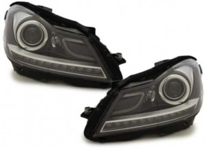Ansamblu Bara Fata compatibil cu MERCEDES C-Class W204 Facelift 2012-2014 C63 Design cu Faruri DECTANE DRL Negru - Img 5