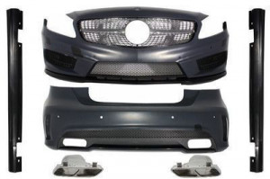 Pachet Exterior Complet compatibil cu Mercedes A-Class W176 2012-2018 A45 Design cu Prelungiri Bara Fata Spate si Eleron Portbagaj
