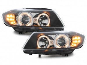 Set faruri compatibil cu BMW Seria 3 E90 Sedan E91 Touring 2005-2008 Angel Eyes Negru Indicator LED