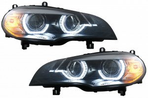 Set faruri Xenon Angel Eyes 3D Dual Halo Rims LED DRL compatibil cu BMW X5 E70 2007-2010 Negru