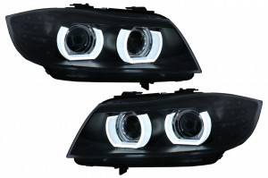 Set faruri Xenon 3D Angel Eyes LED DRL compatibil cu BMW Seria 3 E90 E91 2008-2011 Negru