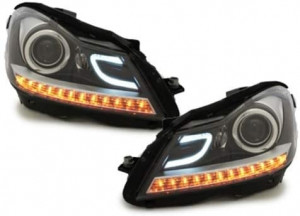 Ansamblu Bara Fata compatibil cu MERCEDES C-Class W204 Facelift 2012-2014 C63 Design cu Faruri DECTANE DRL Negru - Img 6