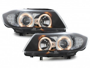 Set faruri compatibil cu BMW Seria 3 E90 Sedan E91 Touring 2005-2008 Angel Eyes Negru Indicator LED - Img 2