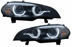 Set faruri Xenon Angel Eyes 3D LED DRL compatibil cu BMW X5 E70 2007-2010 Negru AFS