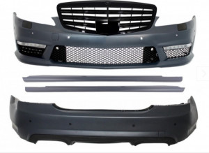 Pachet Exterior Complet compatibil cu Mercedes W221 2005-2011 S65 Design cu Grila Centrala Negru Lucios si Praguri Laterale