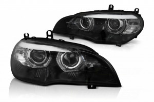 Set faruri Xenon Angel Eyes 3D LED DRL compatibil cu BMW X5 E70 2007-2013 Negru
