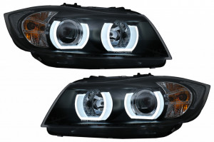Set faruri Xenon U-Led 3D Dual Halo Rims compatibil cu BMW Seria 3 E90 Limuzina E91 Touring 2005-2008 LHD Negru
