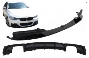 Difuzor Bara Spate Evacuare Dubla cu Prelungire Bara Fata Negru Lucios compatibil cu BMW Seria 3 2011+ F30 F31 M Performance Design