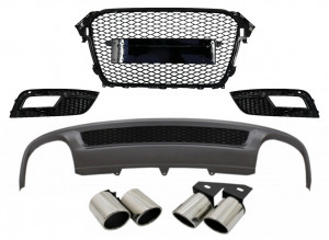 Difuzor Bara Spate si Ornamente toba compatibil cu AUDI A4 B8 Facelift Sedan sau Avant 2012-2015 cu Grila Centrala si Grile Proiector S-Line Design doar Bara Standard