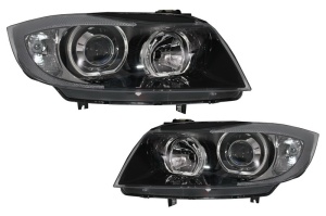 Faruri Angel Eyes compatibil cu BMW Seria 3 E90 Sedan E91 Touring 2005-2011 Negru