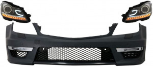 Ansamblu Bara Fata compatibil cu MERCEDES C-Class W204 Facelift 2012-2014 C63 Design cu Faruri DECTANE DRL Negru